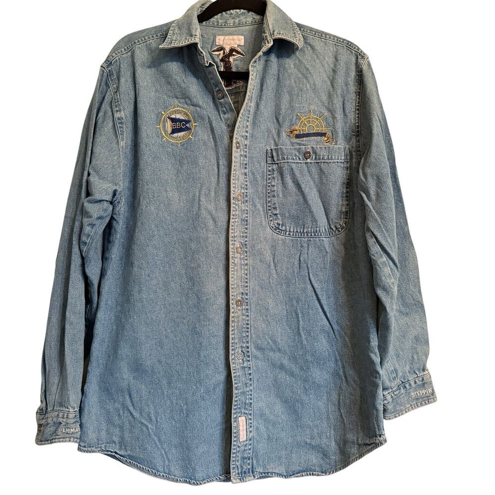 North West Blue Sz L Denim Button Down Shirt Embellished Nautical‎ Fisherman